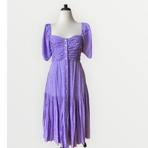 NWT midi dress white - lavender, polka dots, pleated, uncovered shoulders, SZ XL